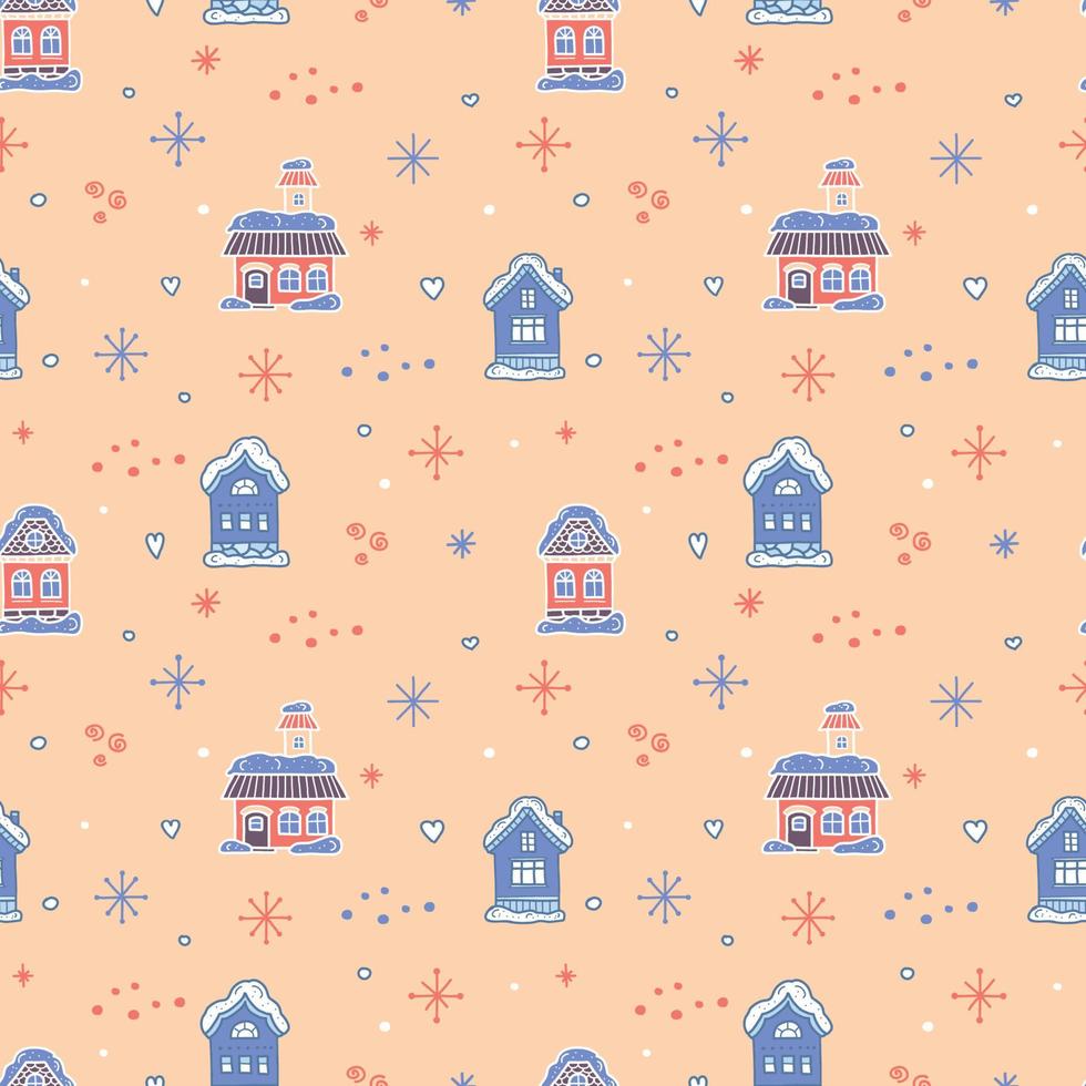Christmas seamless pattern with winter town. Blue hand-drawn house and snowflake on a beige background vector