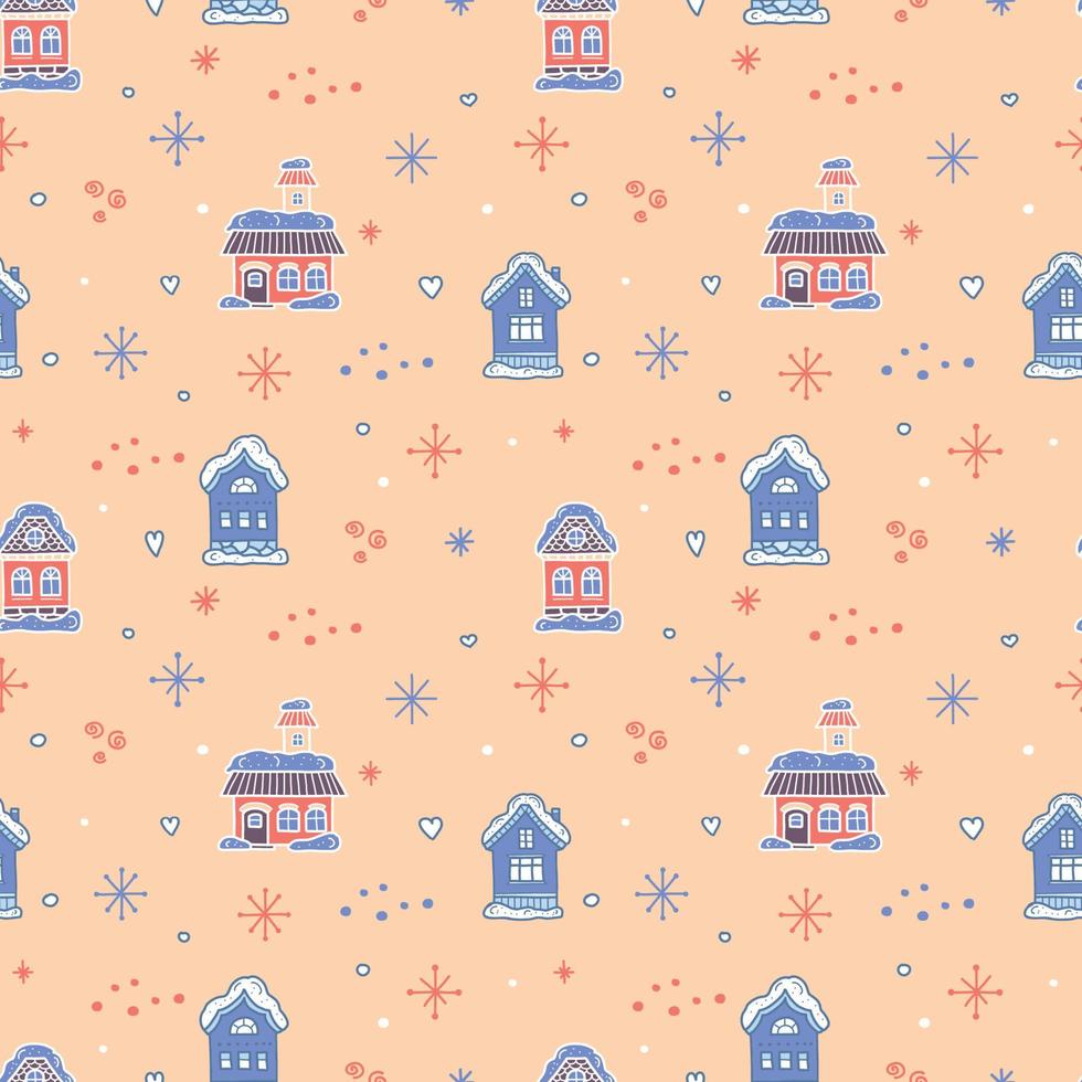 patrón sin costuras de navidad con ciudad de invierno. casa azul dibujada a mano y copo de nieve sobre un fondo beige vector