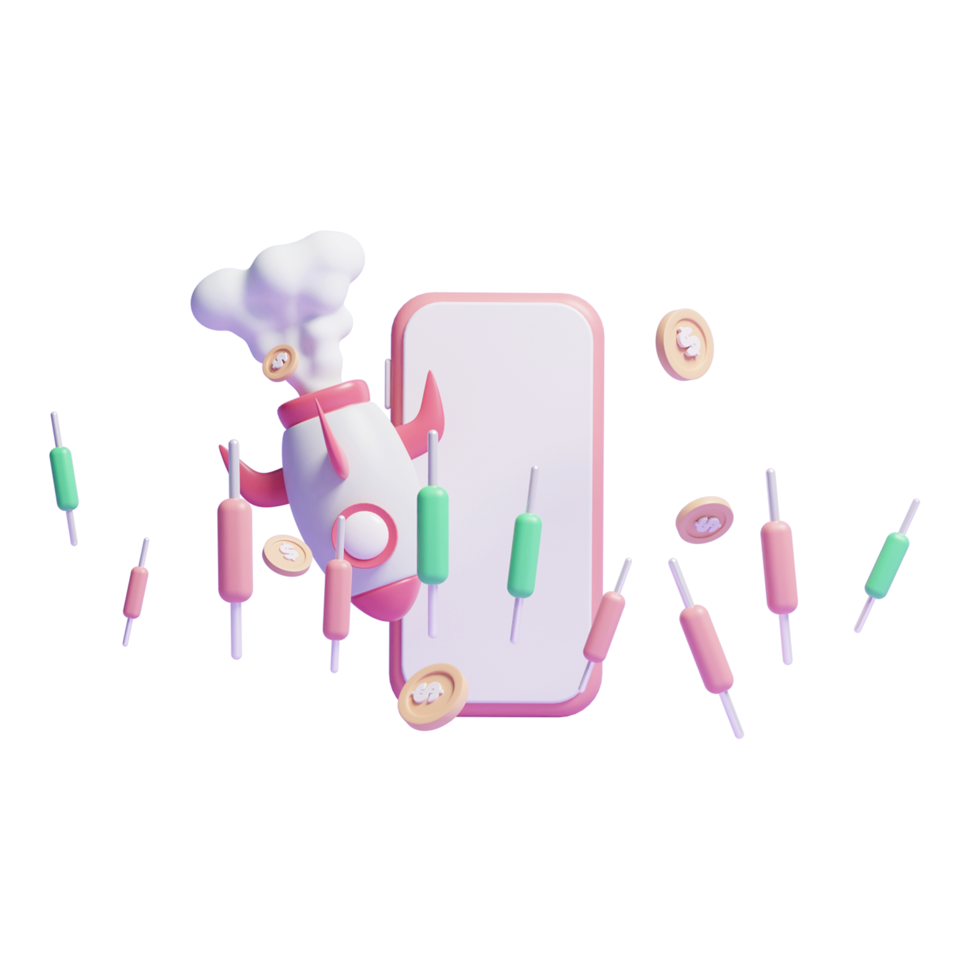 3d online trading graph concept icon with rocket icon or 3d online