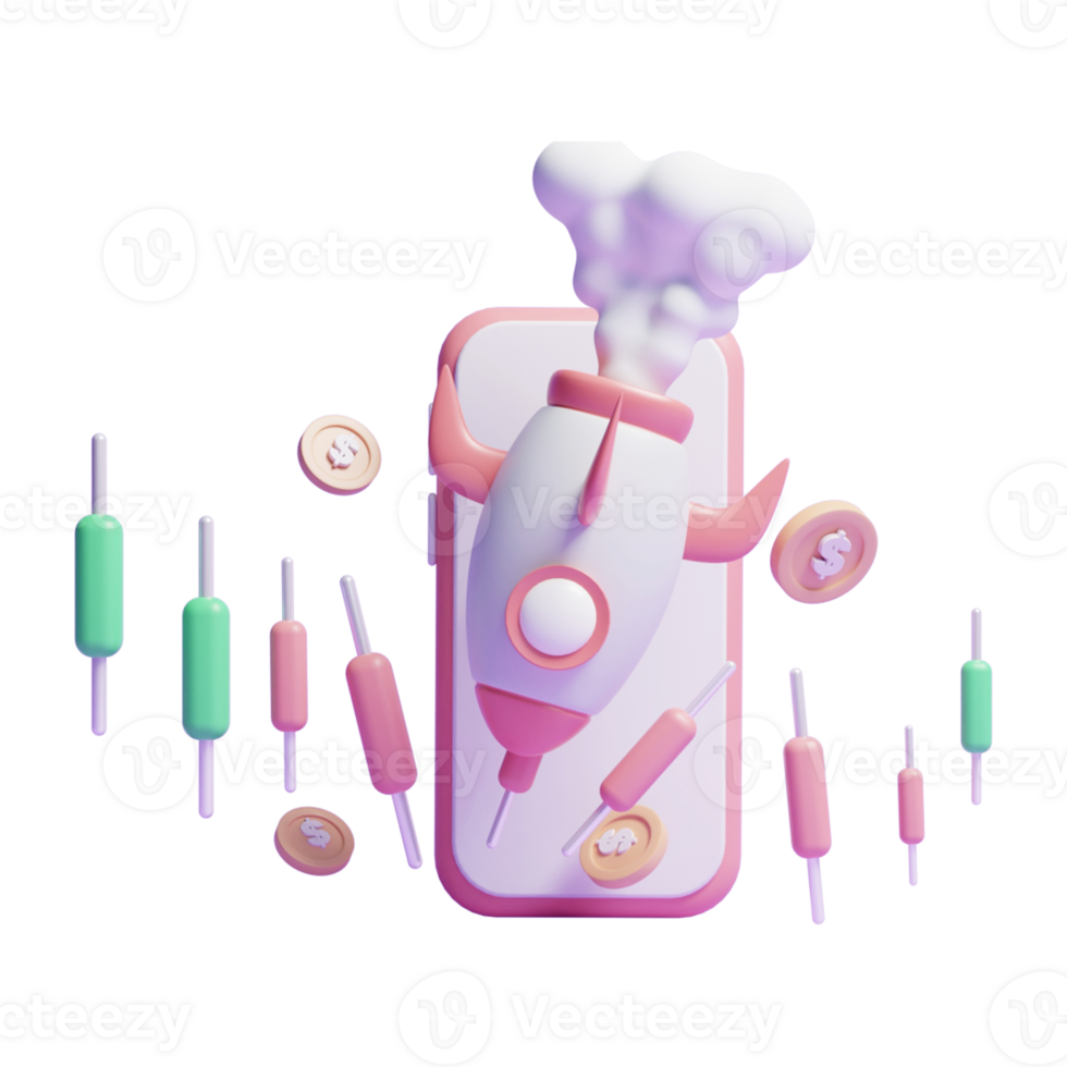 Free 3d online trading graph concept icon with rocket icon or 3d online