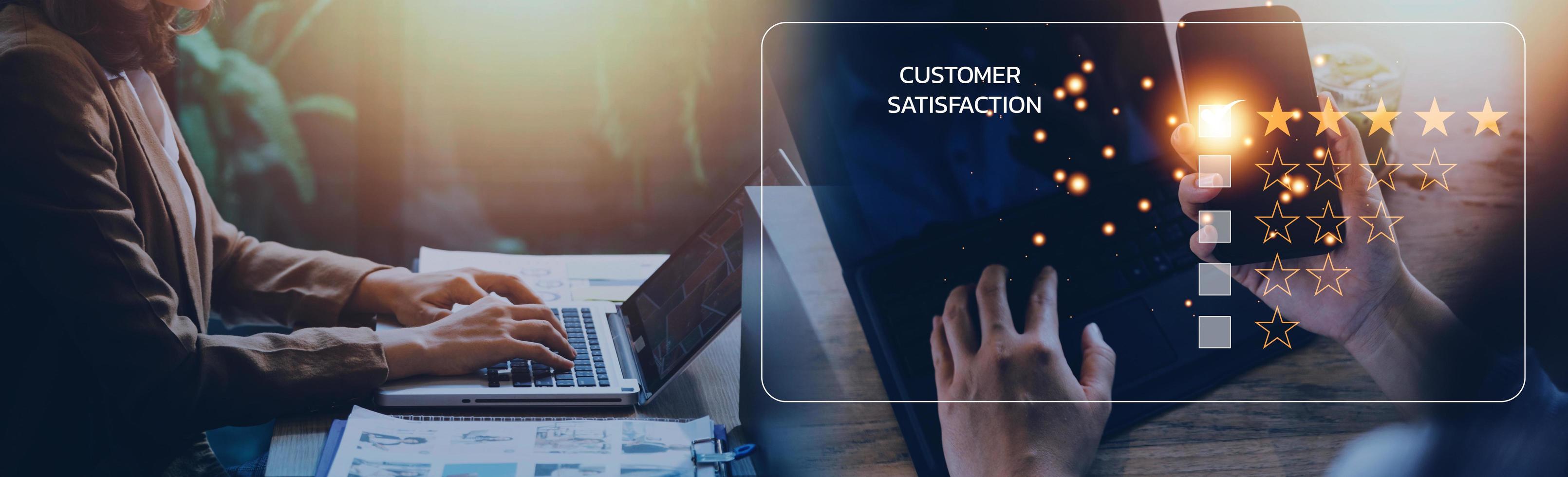 Customer review satisfaction feedback survey concept, User give rating to service experience on online application, Customer can evaluate quality of service leading to reputation ranking of business. photo