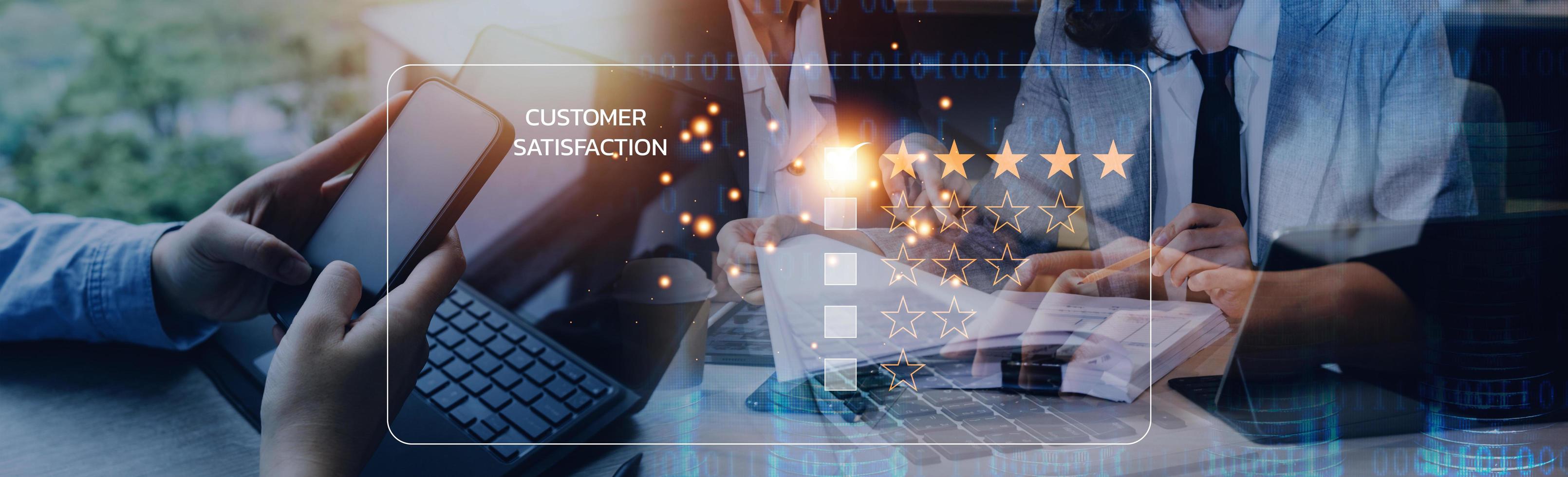 Customer review satisfaction feedback survey concept, User give rating to service experience on online application, Customer can evaluate quality of service leading to reputation ranking of business. photo