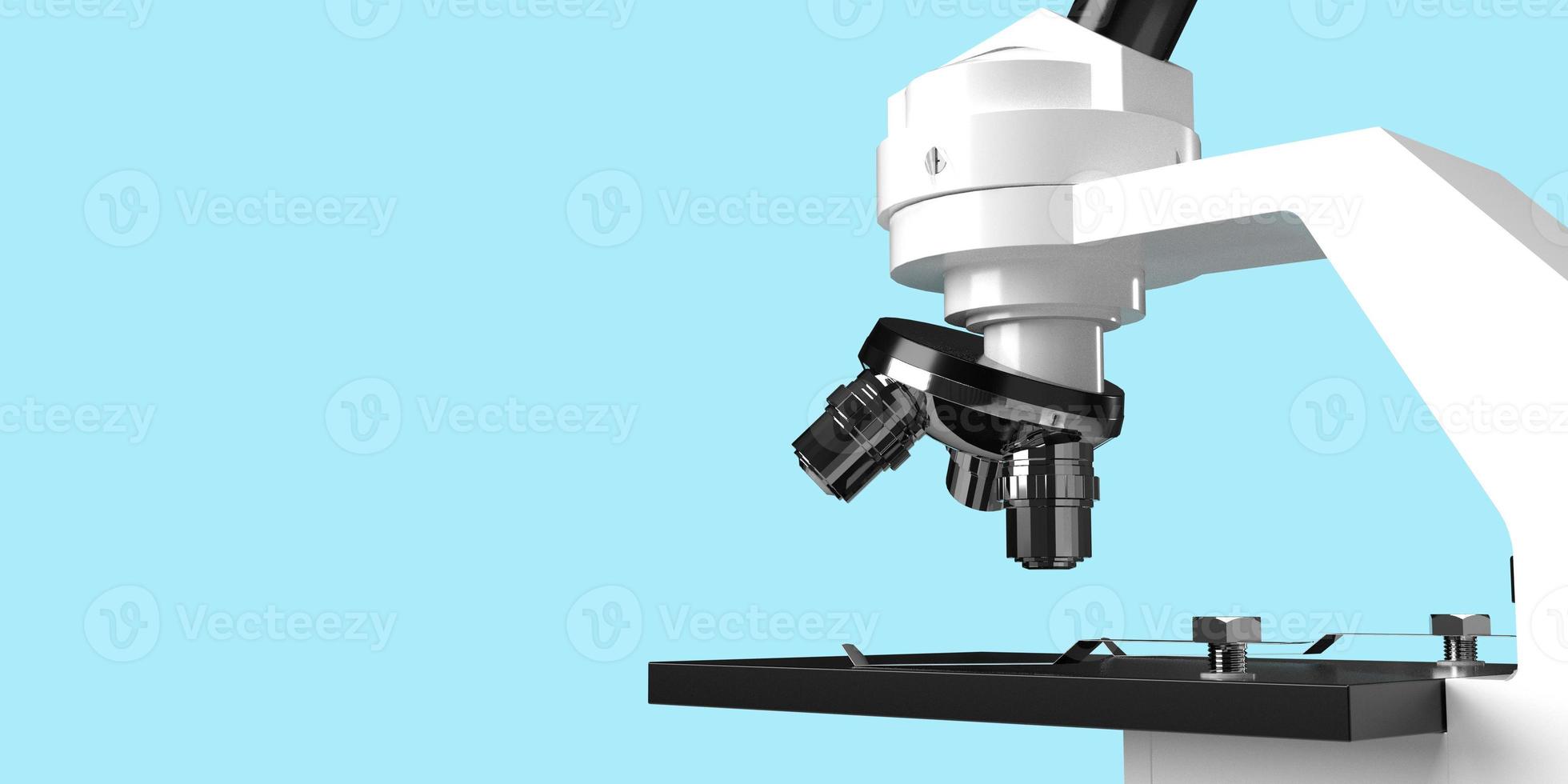 Microscope close up magnify len optical research science medical physician biochemistry pharmaceutical discovery coronavirus covid-19 innovation technology treatment health care hospital.3d render photo