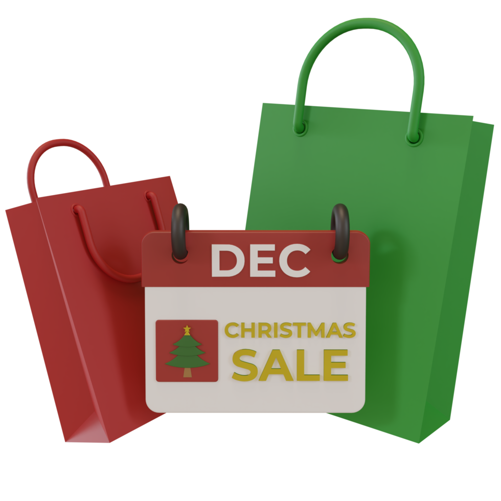 Saco de compras 3d e calendário de natal, para decoração de banners de promoção de vendas e descontos no natal png