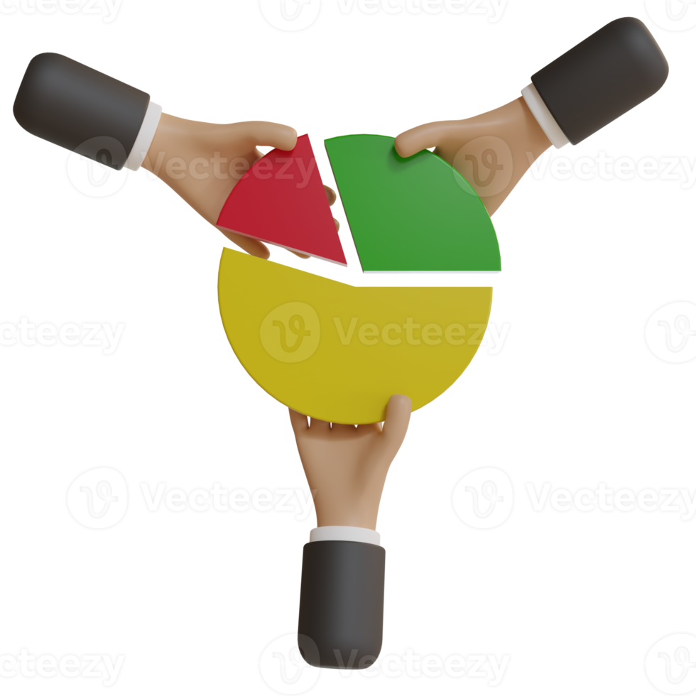 3d three business hands and three different pie chart pieces, different profit sharing percentage concept, pie diagram png