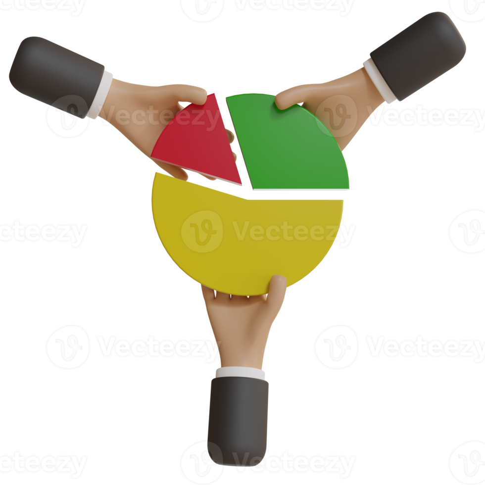 3d drei Geschäftshände und drei verschiedene Tortendiagrammstücke, unterschiedliches Gewinnbeteiligungsprozentsatzkonzept, Tortendiagramm png