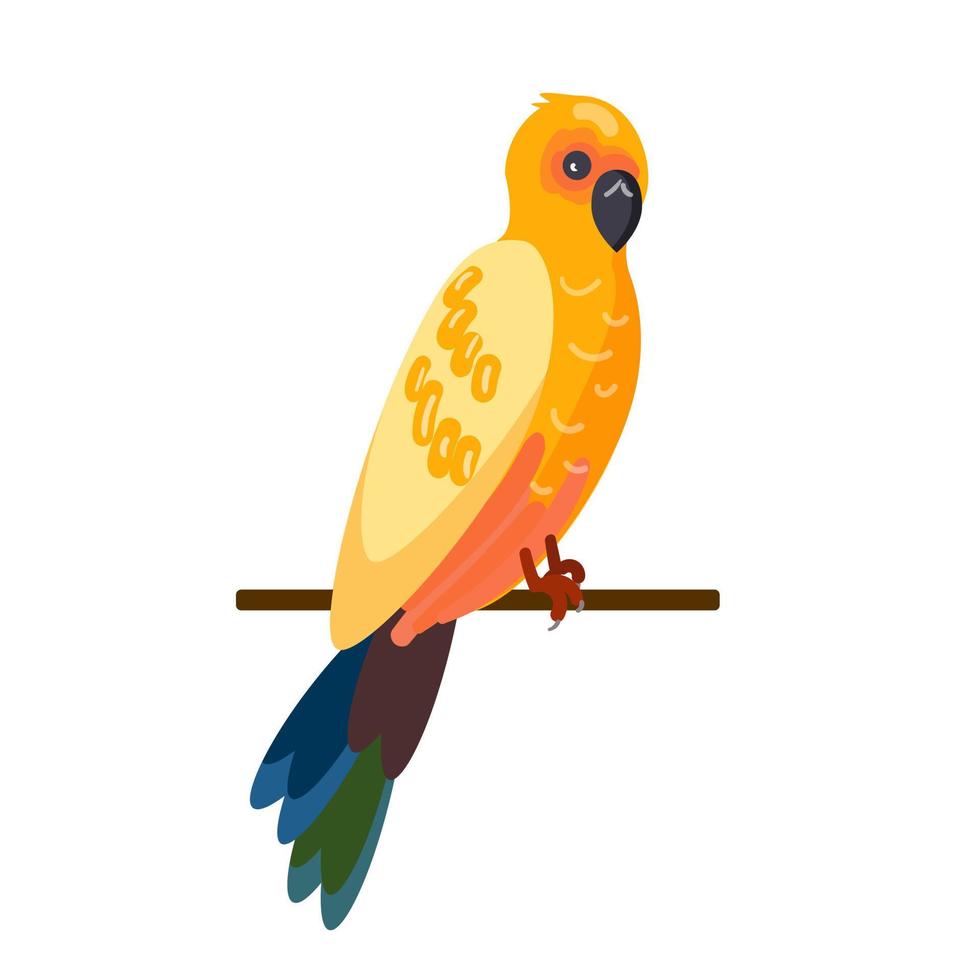 A beautiful parrot sits on a pole. Bird on a pole. Isolated illustration on a white background. Cartoon style. Vector illustration.