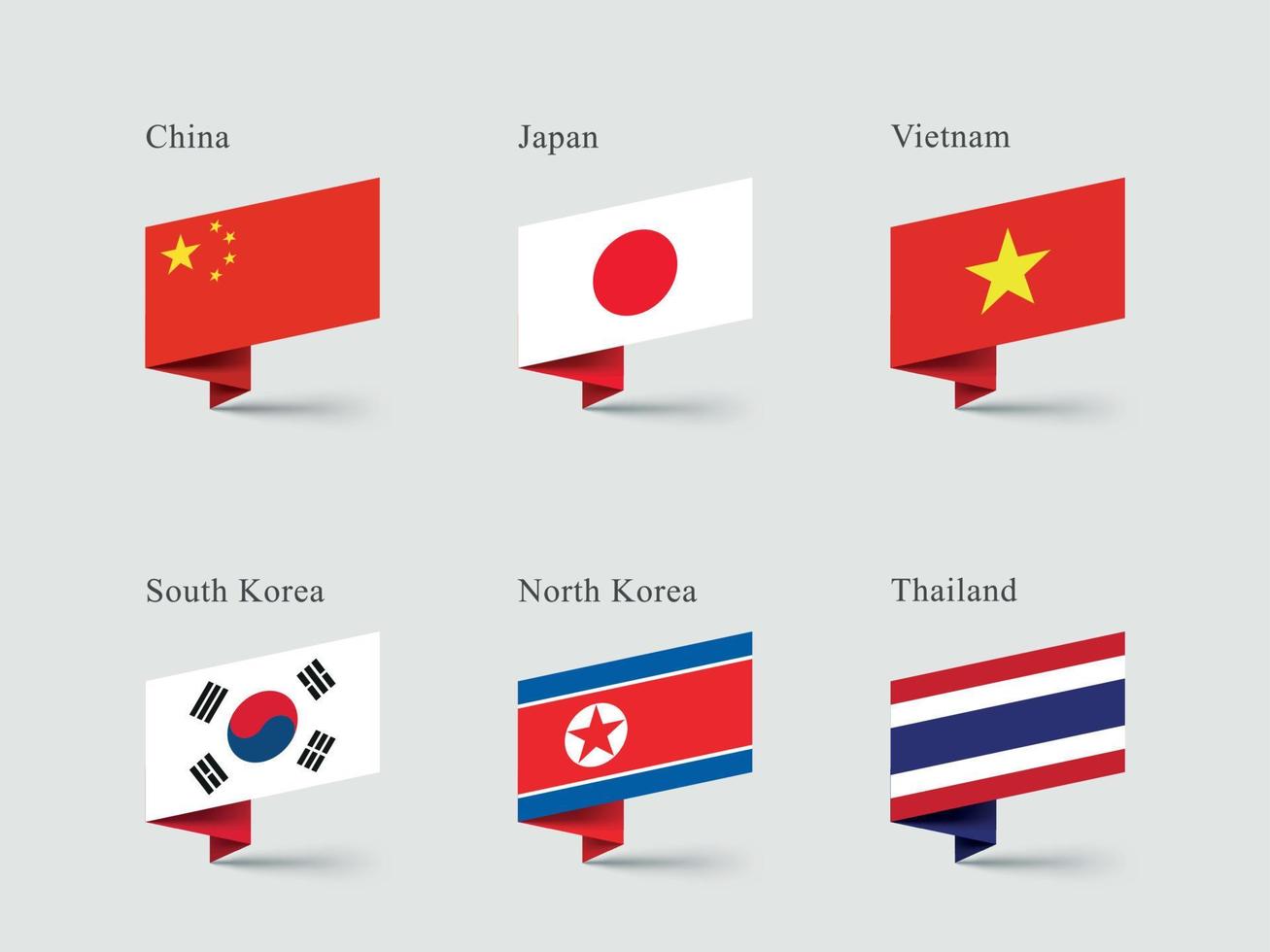asia china japón corea del sur banderas 3d formas de cinta doblada vector