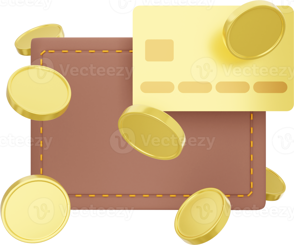 Wallet with flying coins and credit card. PNG icon on transparent background.