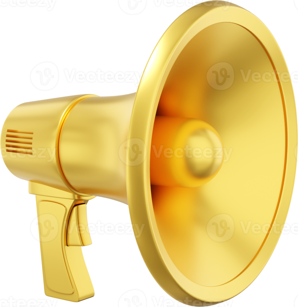 Megaphone realistic gold. PNG icon on a transparent background. 3D rendering.