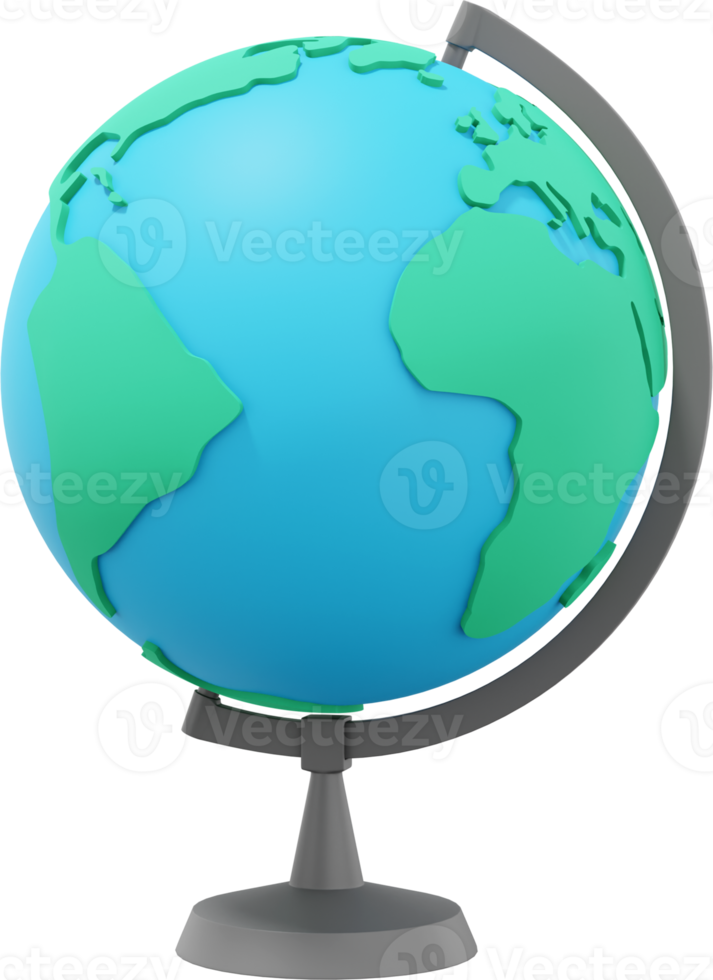 Globe Earth on a stand. Minimalist cartoon. Colorful PNG Isolated icon on transparent background. 3D rendering.