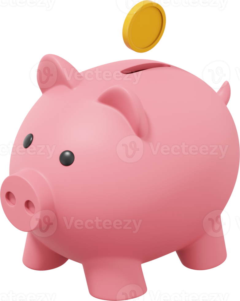 Pink piggy bank, dropping coins. PNG icon on transparent background. 3D rendering.