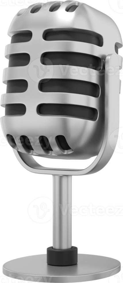 Retro Microphone. Minimalist cartoon.  Silver PNG isolated icon on transparent background. 3D rendering.