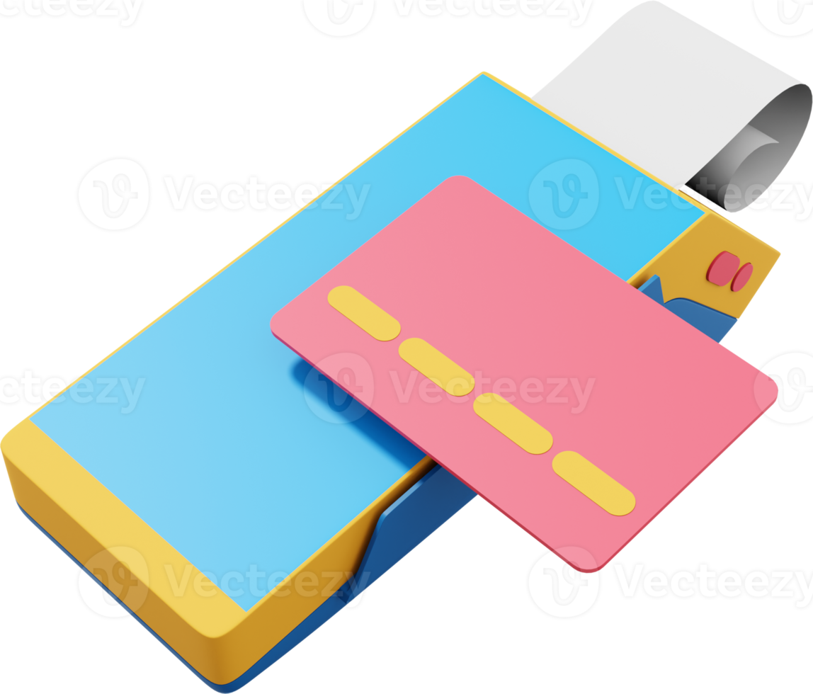Payment Machine. NFC POS Terminal GPRS point with Paper Receipt and a credit card. Mockup screen. PNG on a transparent background. 3D rendering.