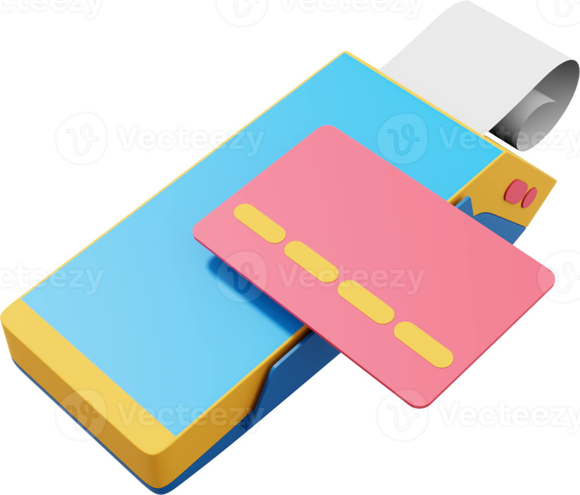 Zahlungsmaschine. nfc pos terminal gprs point mit papierbeleg und kreditkarte. Mockup-Bildschirm. png auf transparentem Hintergrund. 3D-Rendering.