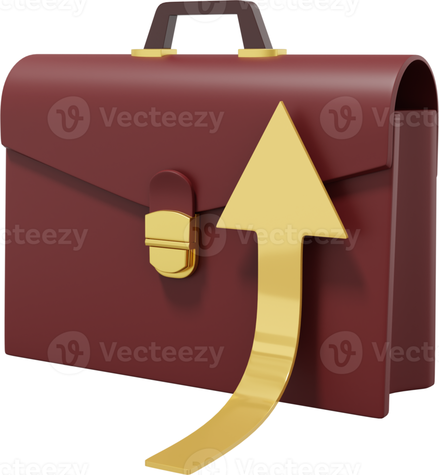 A brown briefcase with a gold arrow growing up, seen from the side. PNG icon on transparent background. Business portfolio success. 3D rendering.