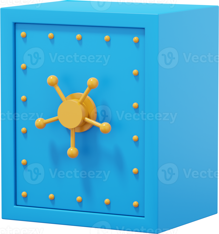 Retro safe with wheel handles. Blue close storage. PNG icon on transparent background. 3D rendering.