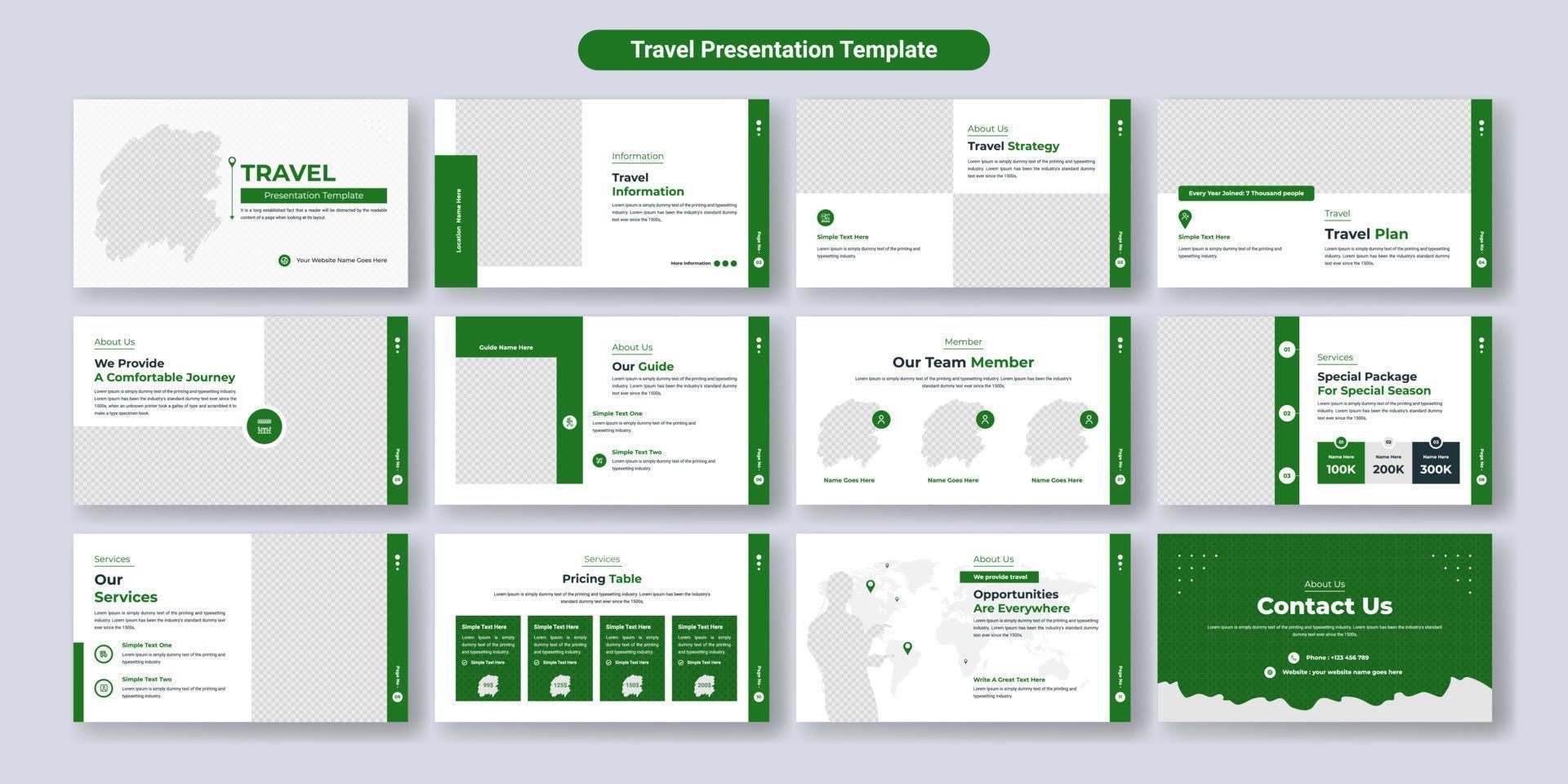 Creative business travel presentation slides template design. Use for modern presentation background, brochure design, website slider, landing page, annual report, company profile vector