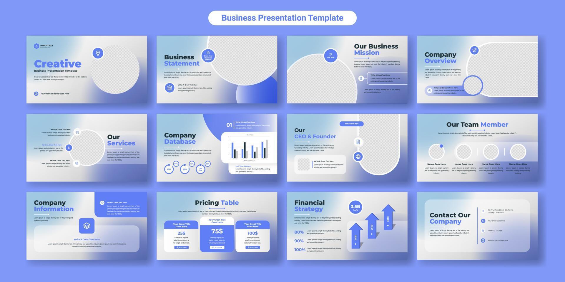 diseño de plantilla de diapositivas de presentación de negocios creativos. uso para antecedentes de presentación modernos, diseño de folletos, control deslizante de sitios web, página de inicio, informe anual, perfil de empresa vector