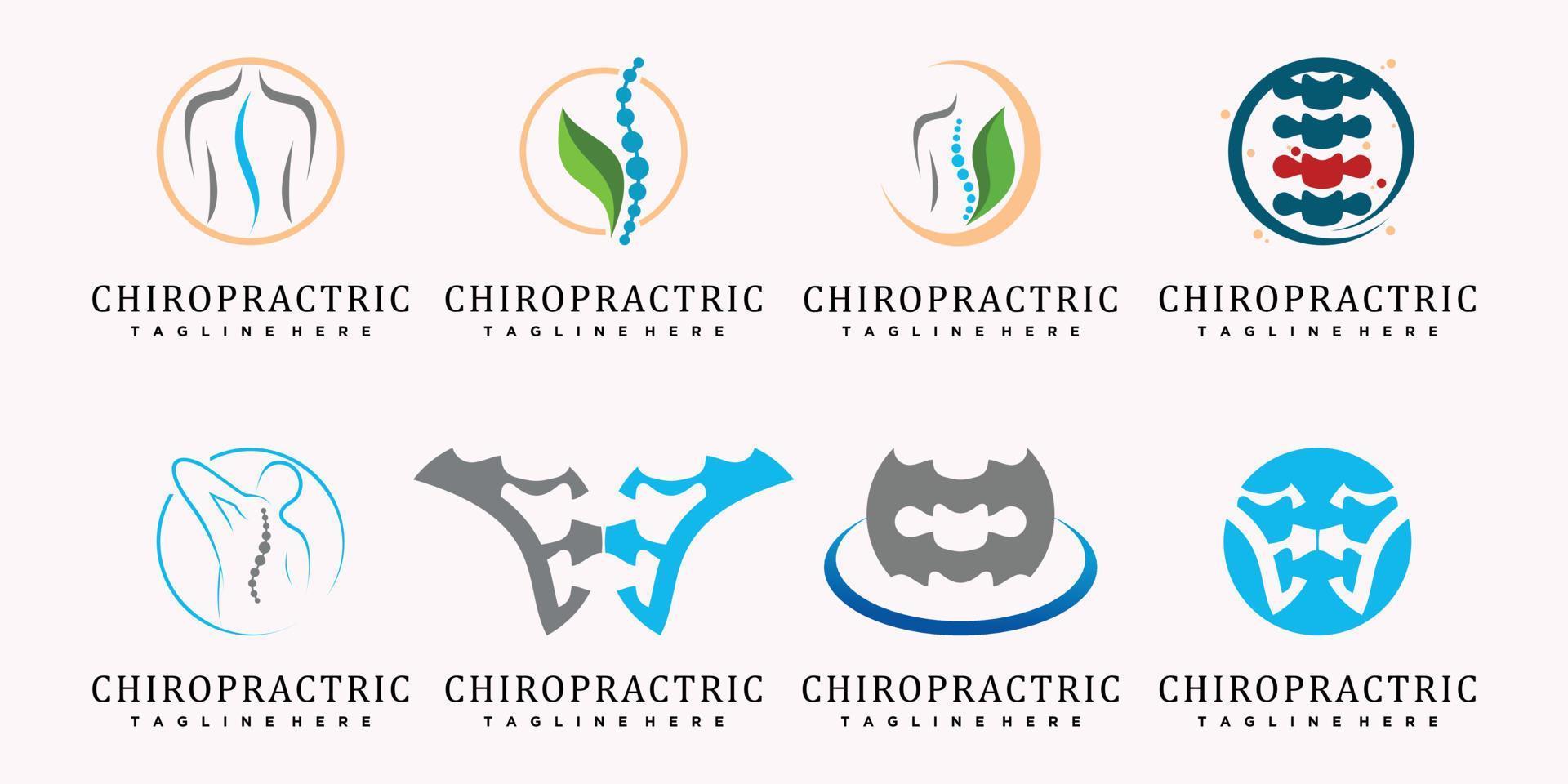 diseño de logotipo de clínica de conjunto quiropráctico para terapia de masaje con vector premium de elemento creativo