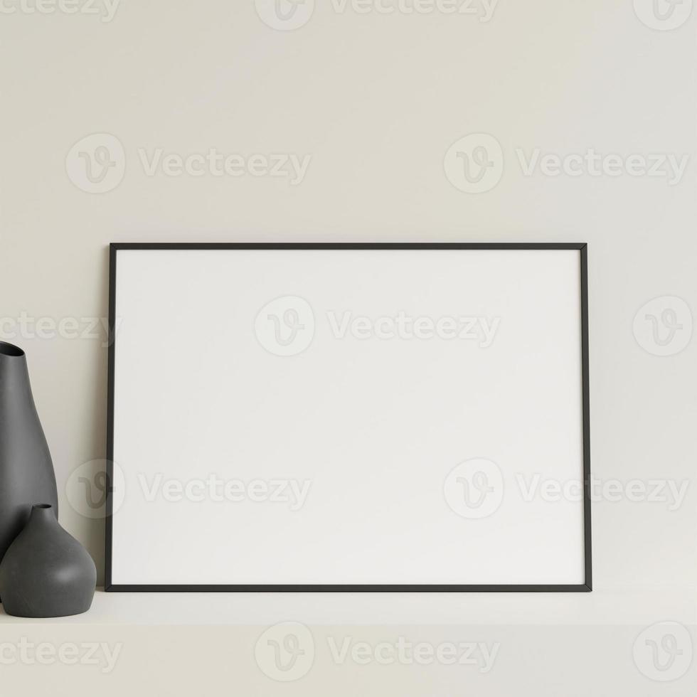 Minimalist front view horizontal black photo or poster frame mockup leaning against wall on table with vase. 3d rendering.