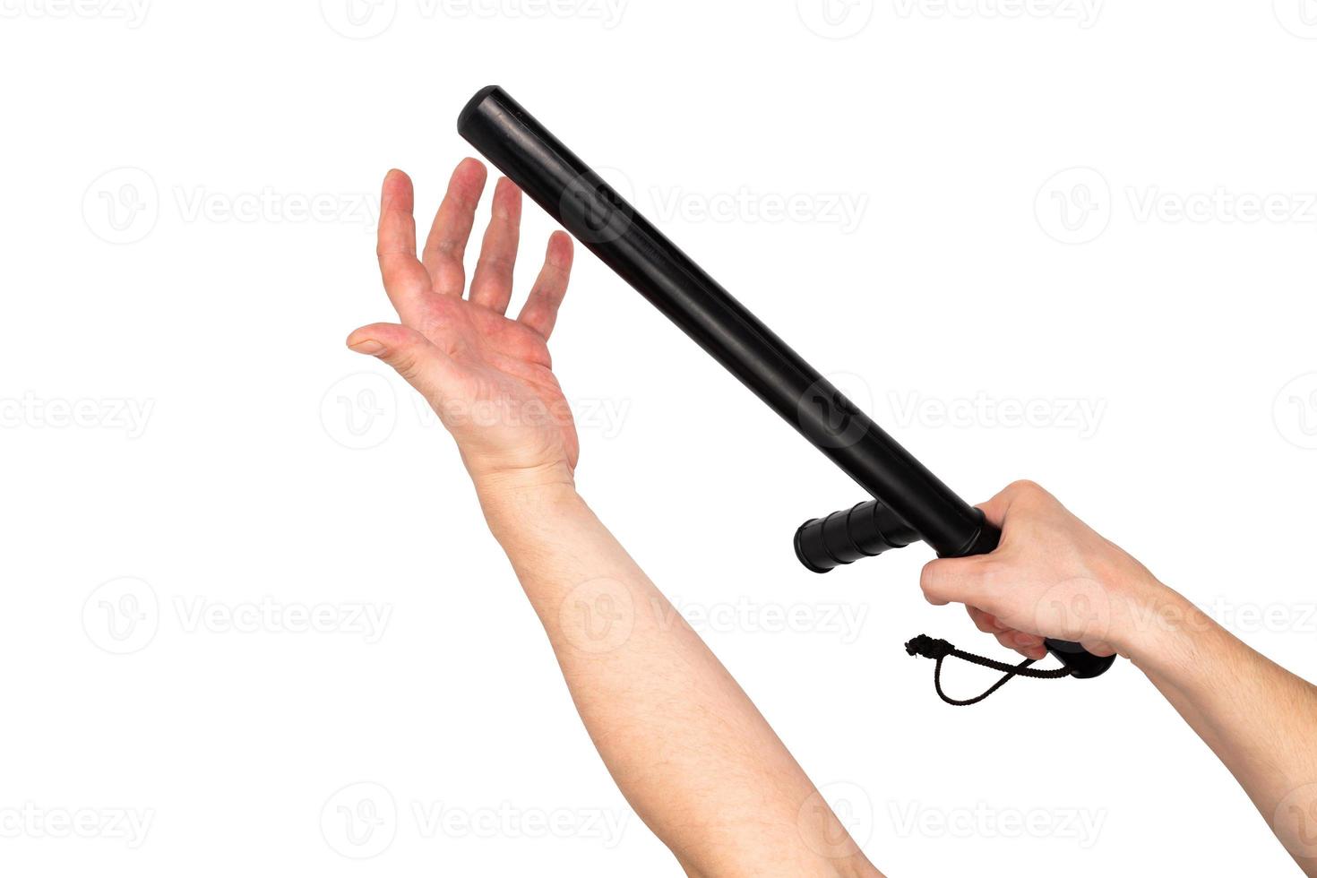 two white arms with black rubber police baton isolated on white background photo