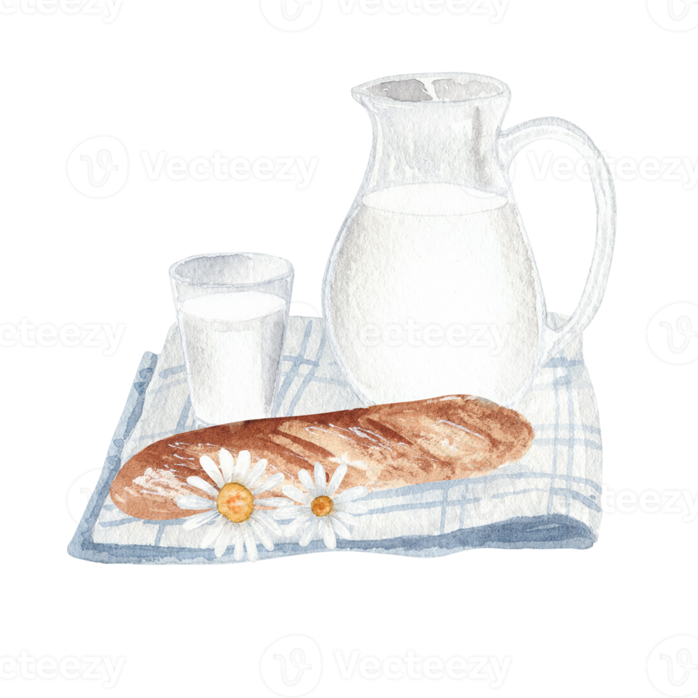 Watercolor breakfast with milk and bread png
