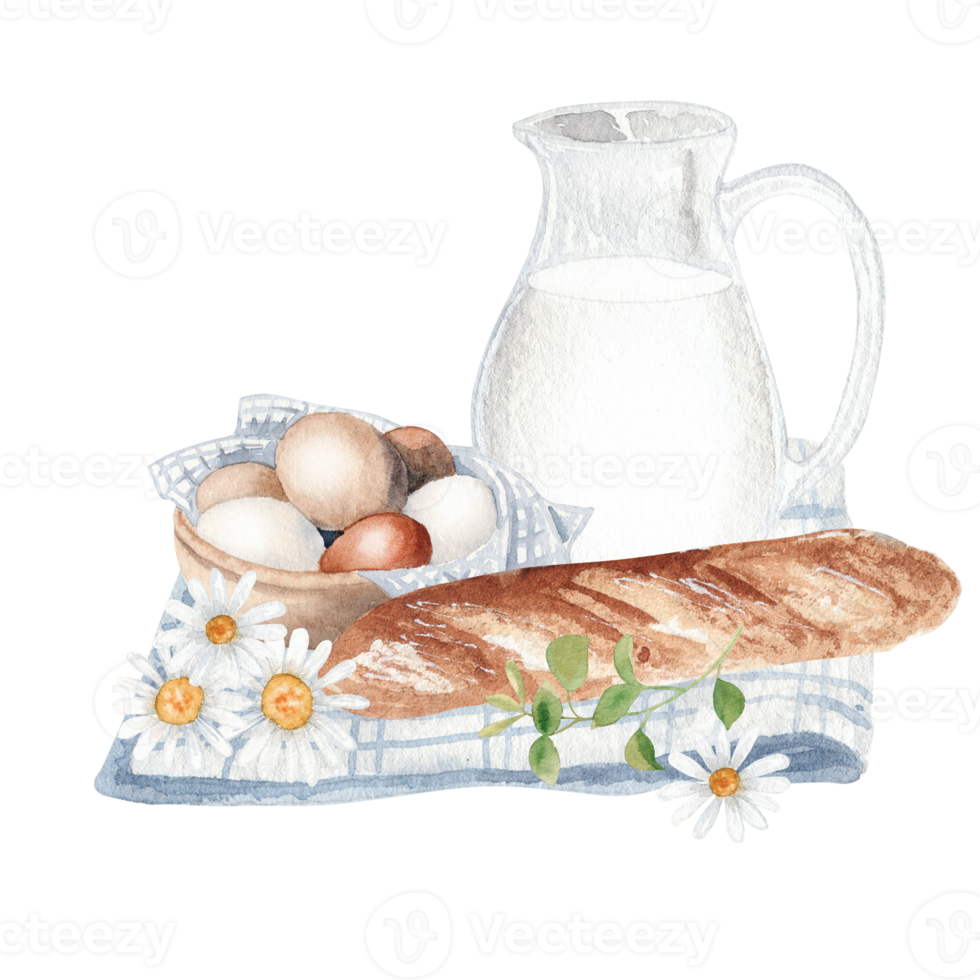 Watercolor breakfast with milk and bread png
