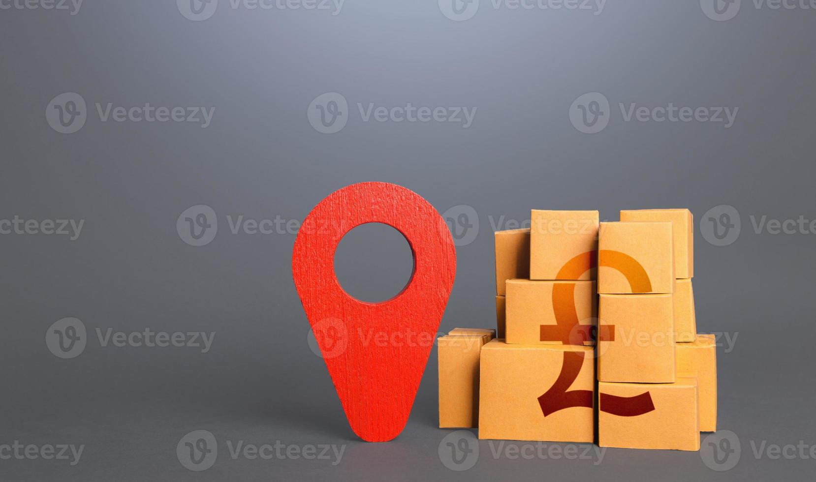 Cardboard boxes with british pound sterling and red pin location tracking symbol. Import export. Delivering. Tracking of deliveries. Freight infrastructure. Transportation services logistics warehouse photo