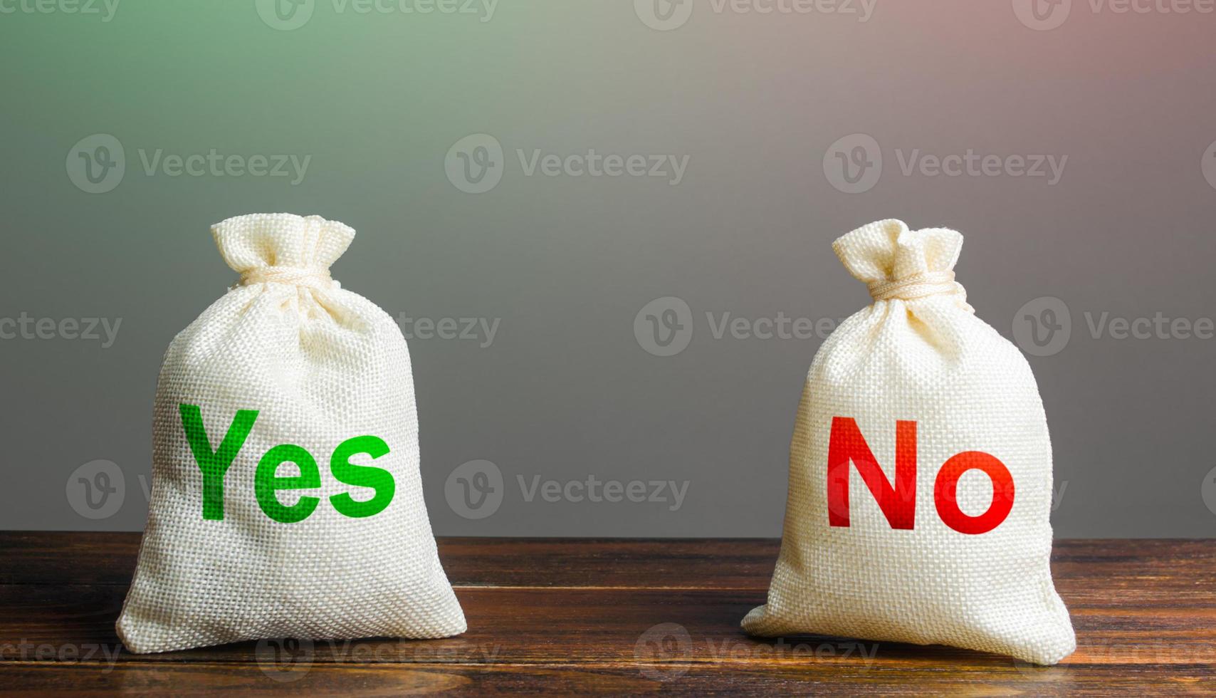 Two bags with Yes and No. Risk planning. Advantages and disadvantages. Useful and harmful properties. Decision making, evaluating profit and consequences. Choice between positive and negative answer. photo