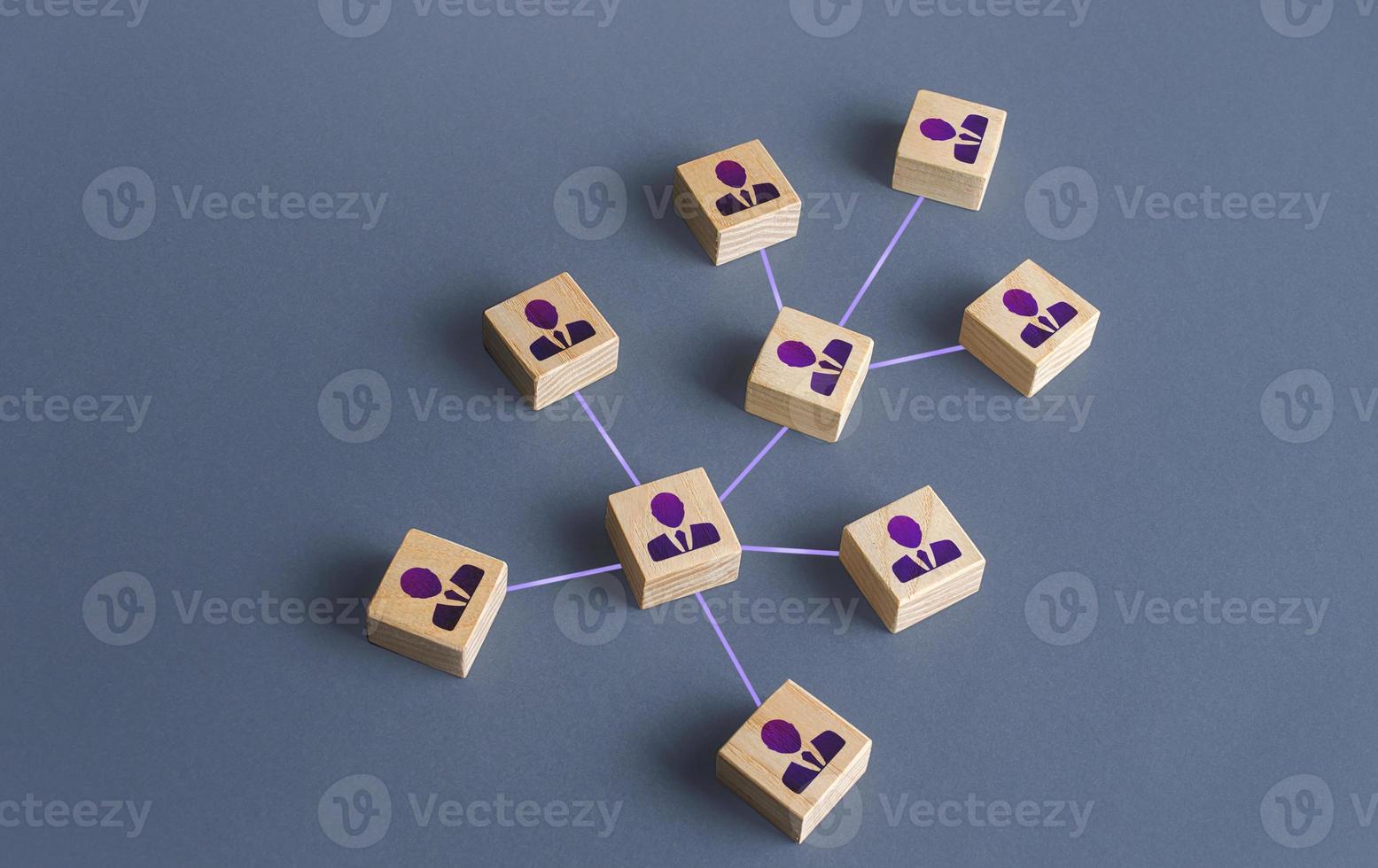 People connected by a network business structure. Interaction between employees or community members. Networking personnel management. Distribution responsibilities. Company hierarchy communication photo