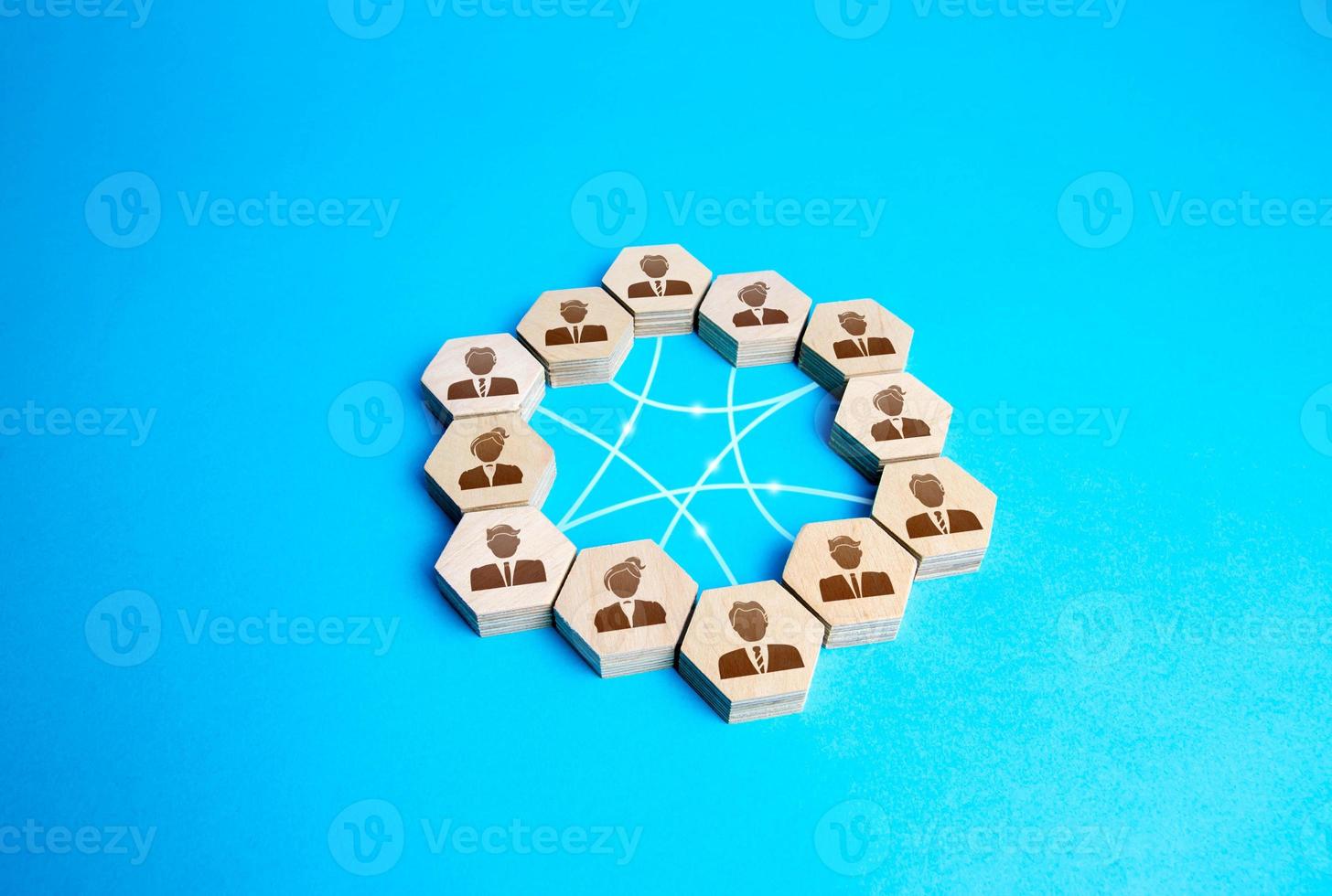 People in a circle connected by lines. Communication of colleagues, negotiations. Teamwork. Business meeting. Mutual relations. Cooperation in solving problems. Group therapy. Team interactions photo