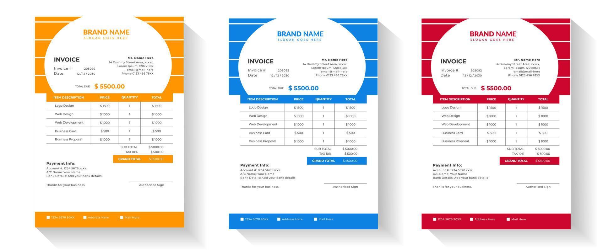 Modern corporate 3 color business invoice template vector