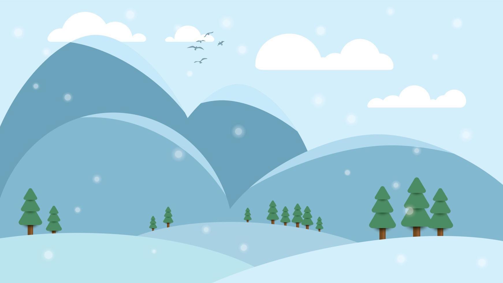 Winter hills, valleys, mountains and pines landscape background with snowfall. vector