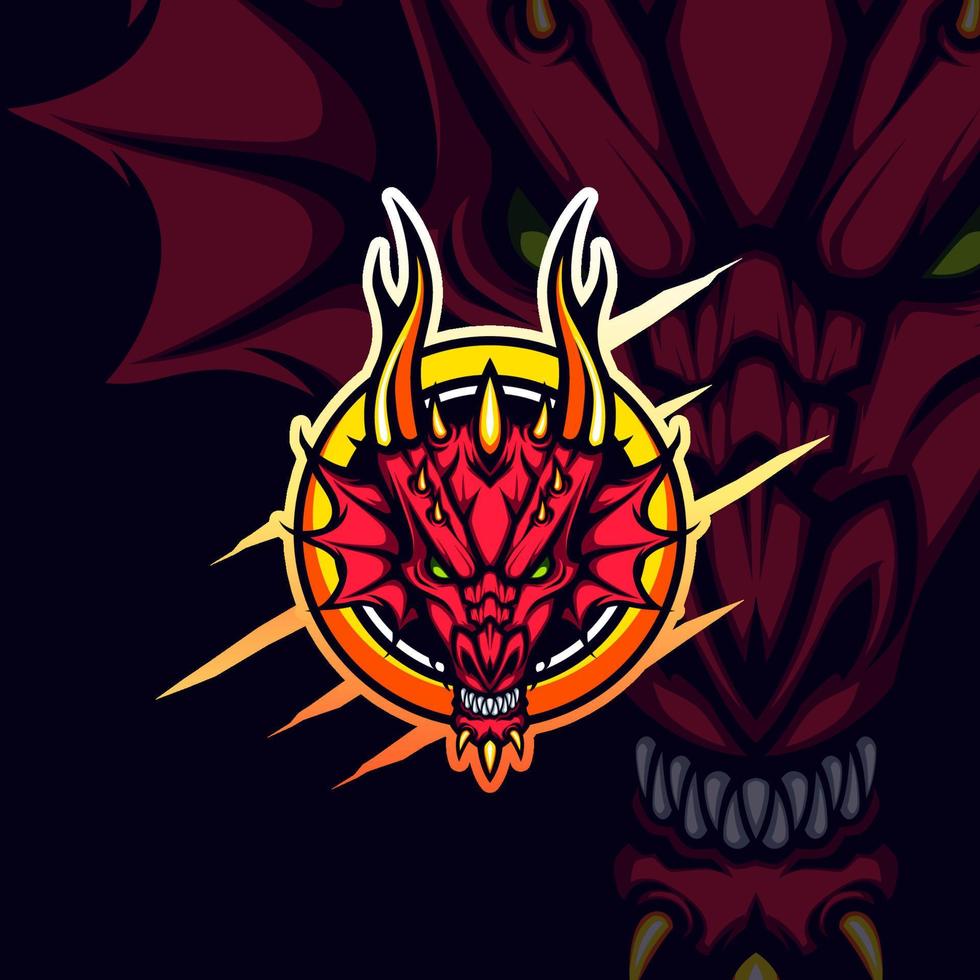 mascota de vector de emblema de cabeza de dragón rojo circular de oro