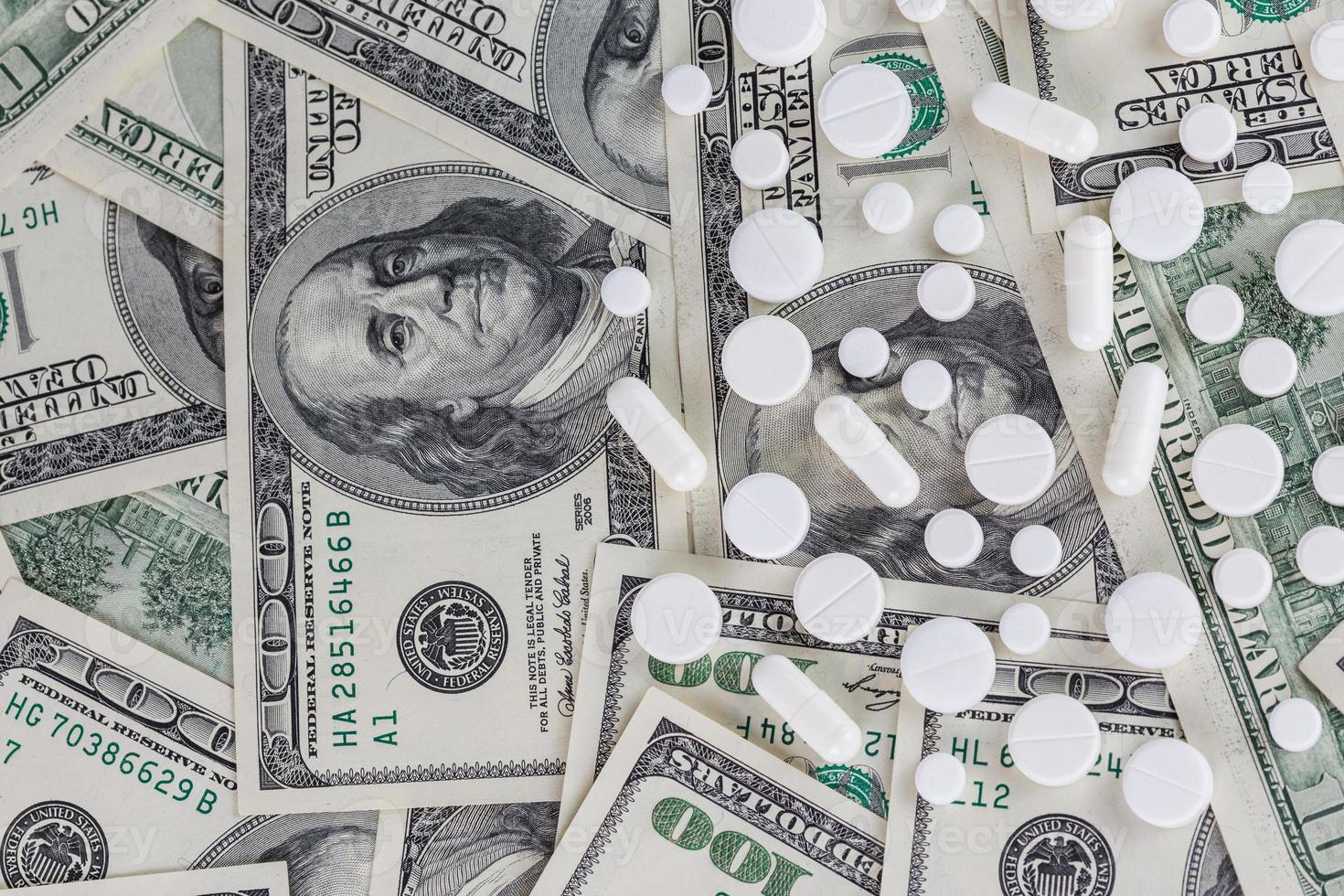 pills flat background, tablets laying on a us dollar banknotes - view from above photo
