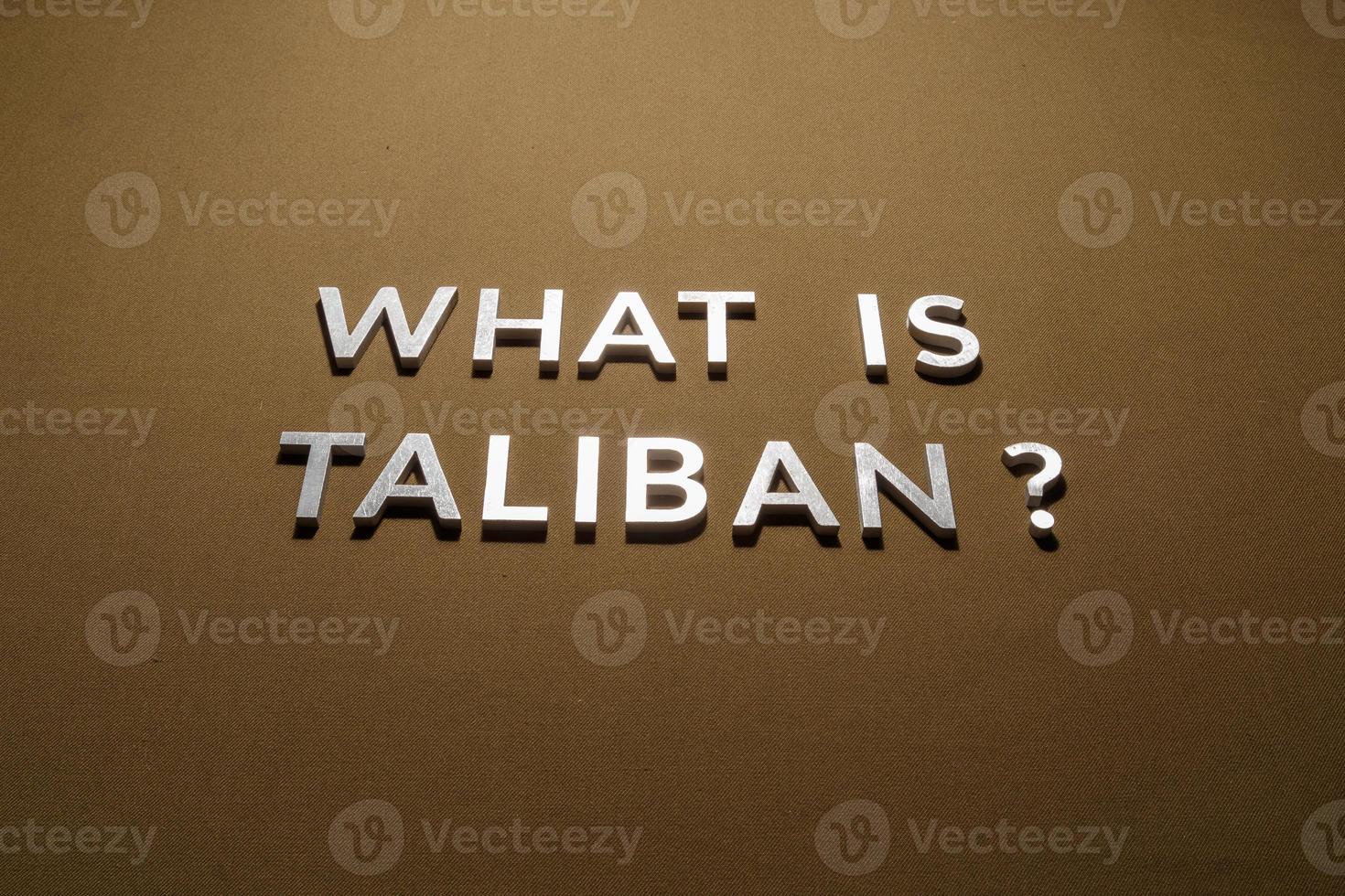 the question what is taliban laid with silver metal letters on rough tan khaki canvas fabric photo