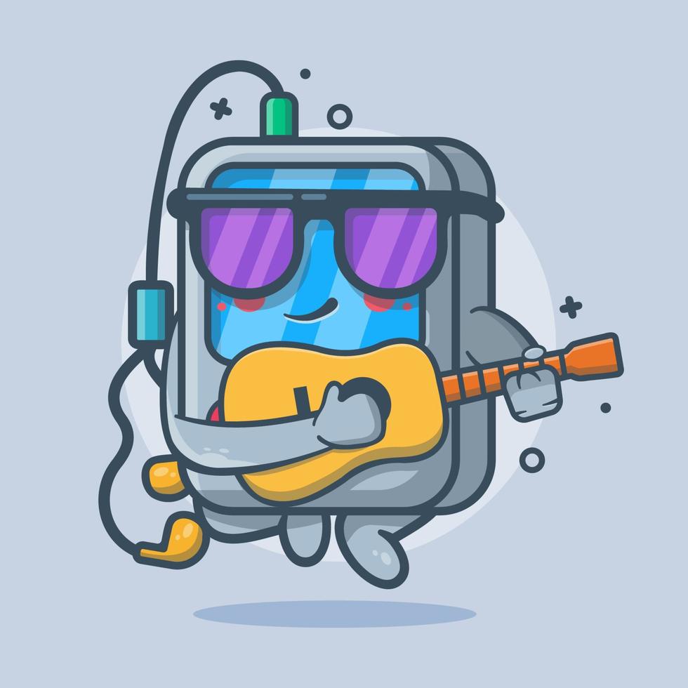 mascota de personaje de reproductor de música portátil genial tocando guitarra dibujos animados aislados en diseño de estilo plano vector