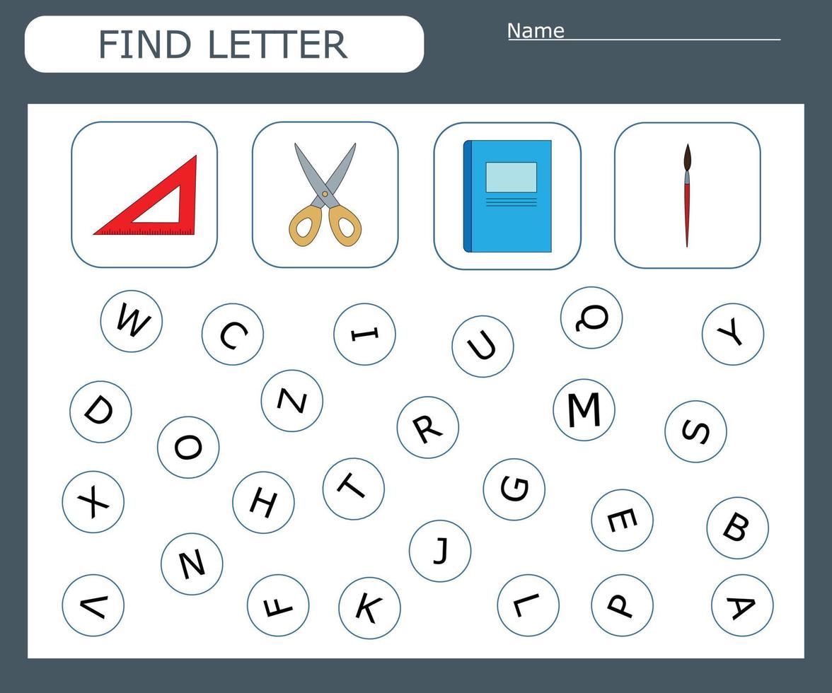 Find the first letter of the word  and connect. Educational game for children. vector