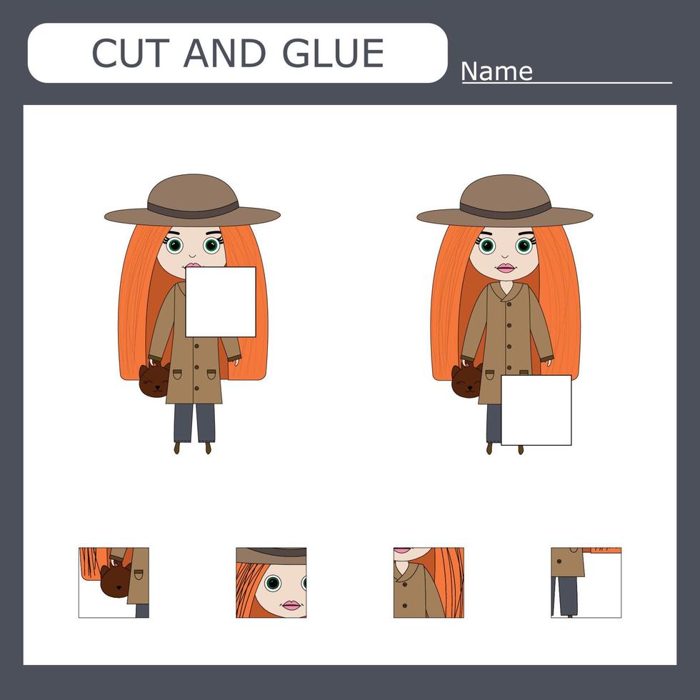 Worksheet vector design, the task is to cut and glue a piece on girls.  Logic game for children.