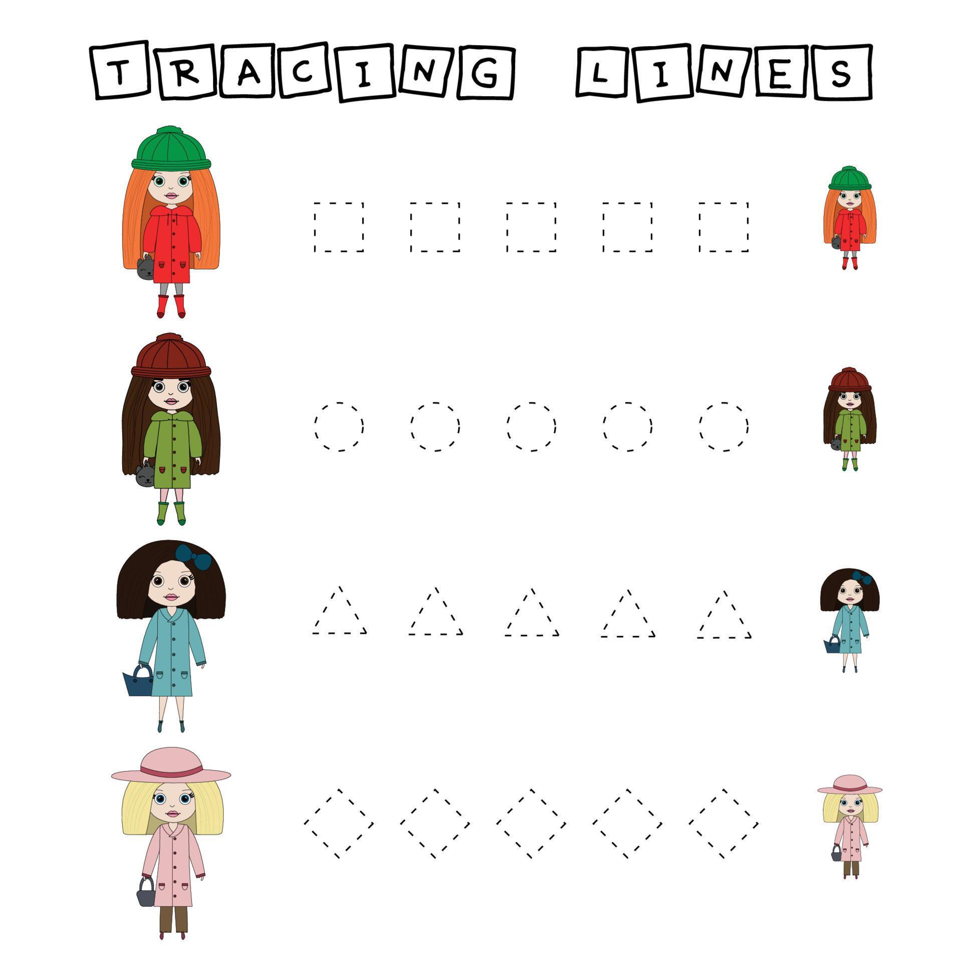 Tracing lines game with beauty dolls. Worksheet for preschool kids