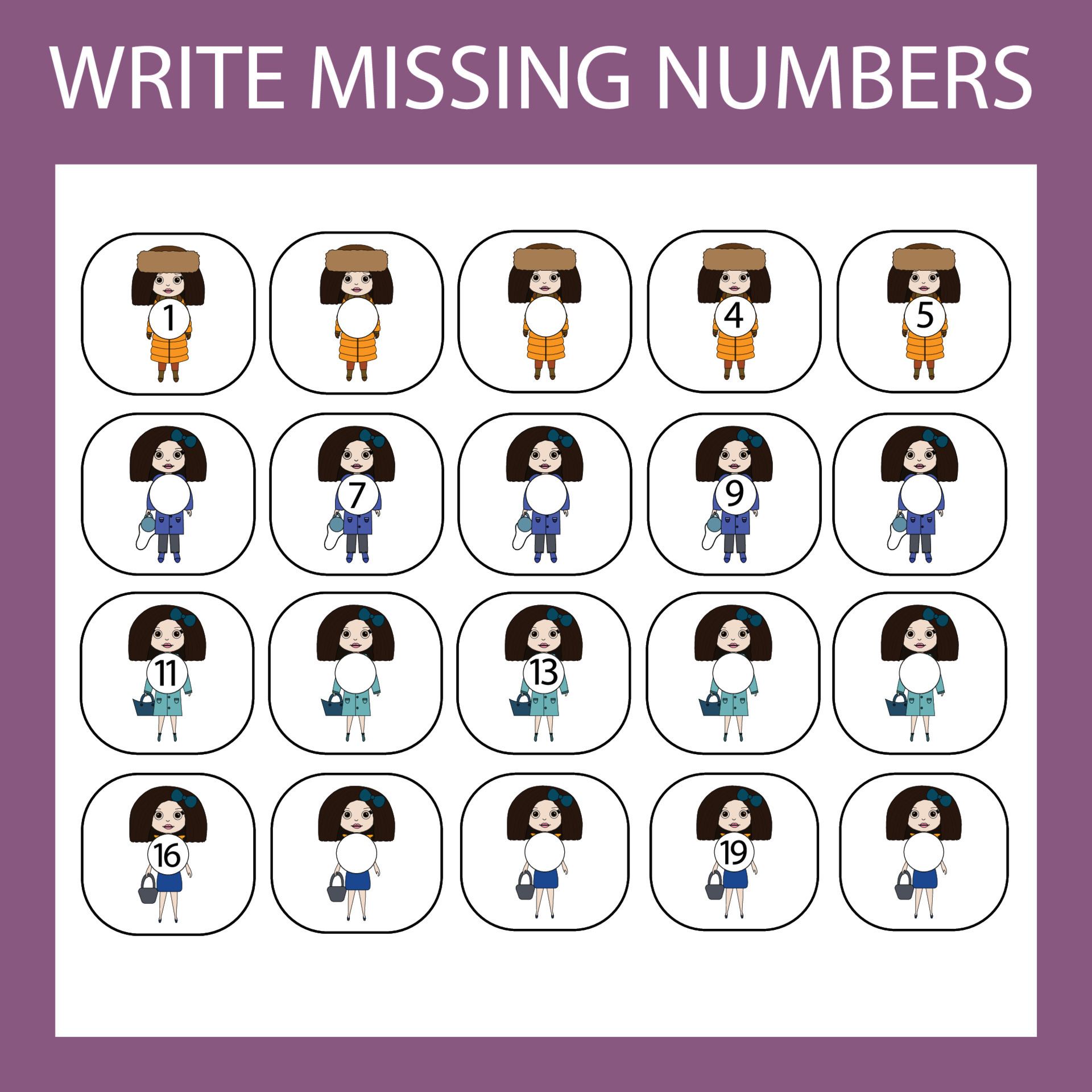 The task is to write in the lost numbers from 1 to 20. Educational ...