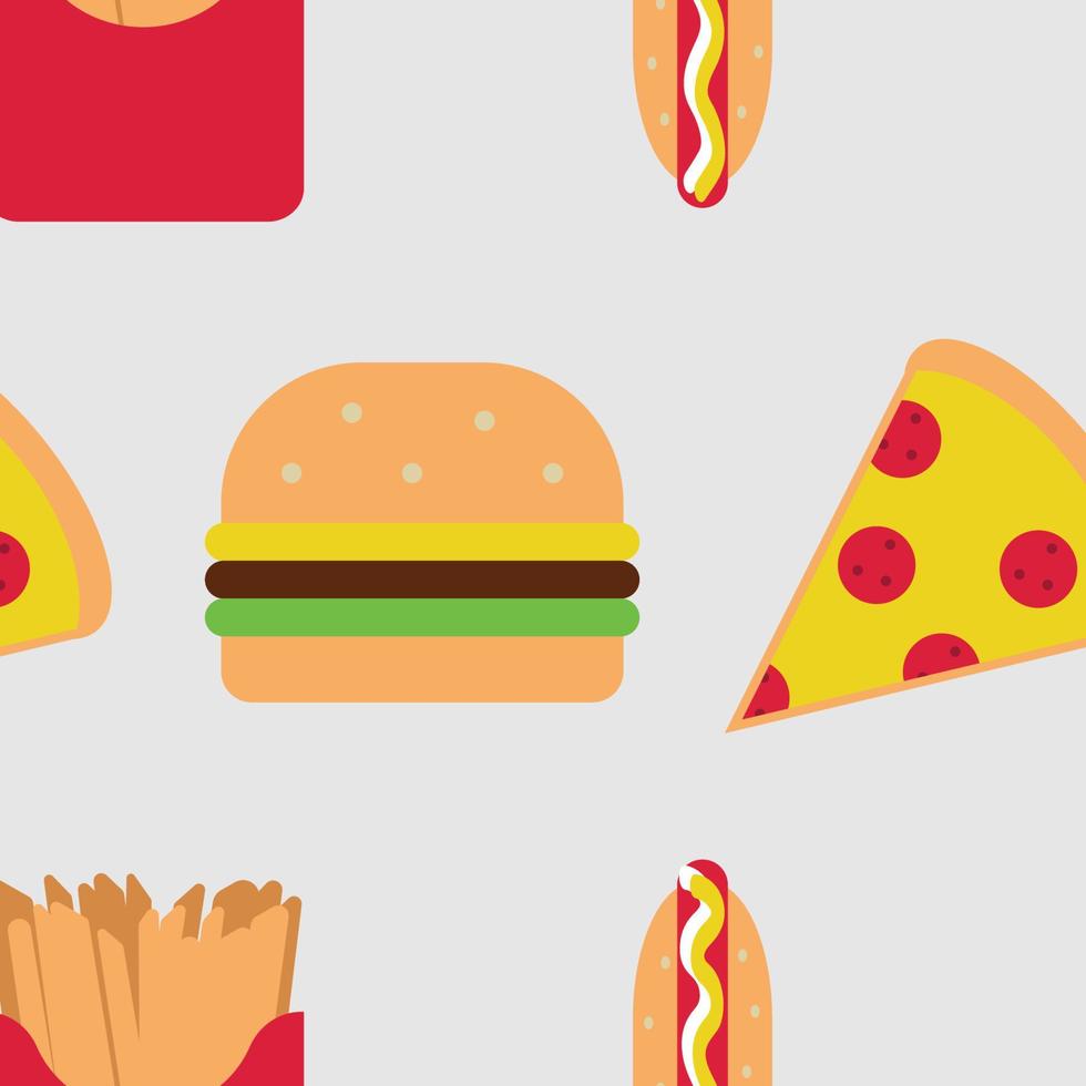 pizza, hamburger, french fries and hot dog  pattern on gray  background. Vector fast food