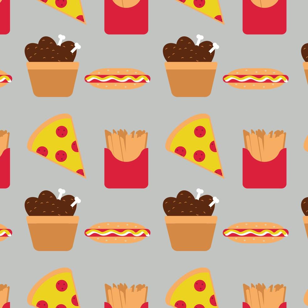 pizza, chicken , french fries and hot dog  pattern on gray  background. Vector fast food