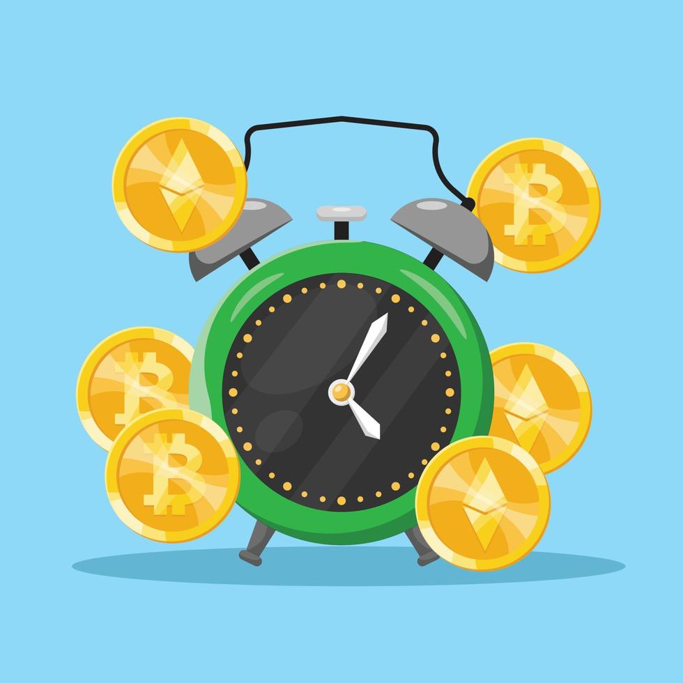 Cryptocurrency Alert Illustration with Alarm Clock and Coin Vector