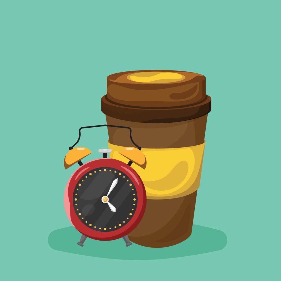 Morning Coffee Illustration with Alarm Clock and Coffee Cup Vector