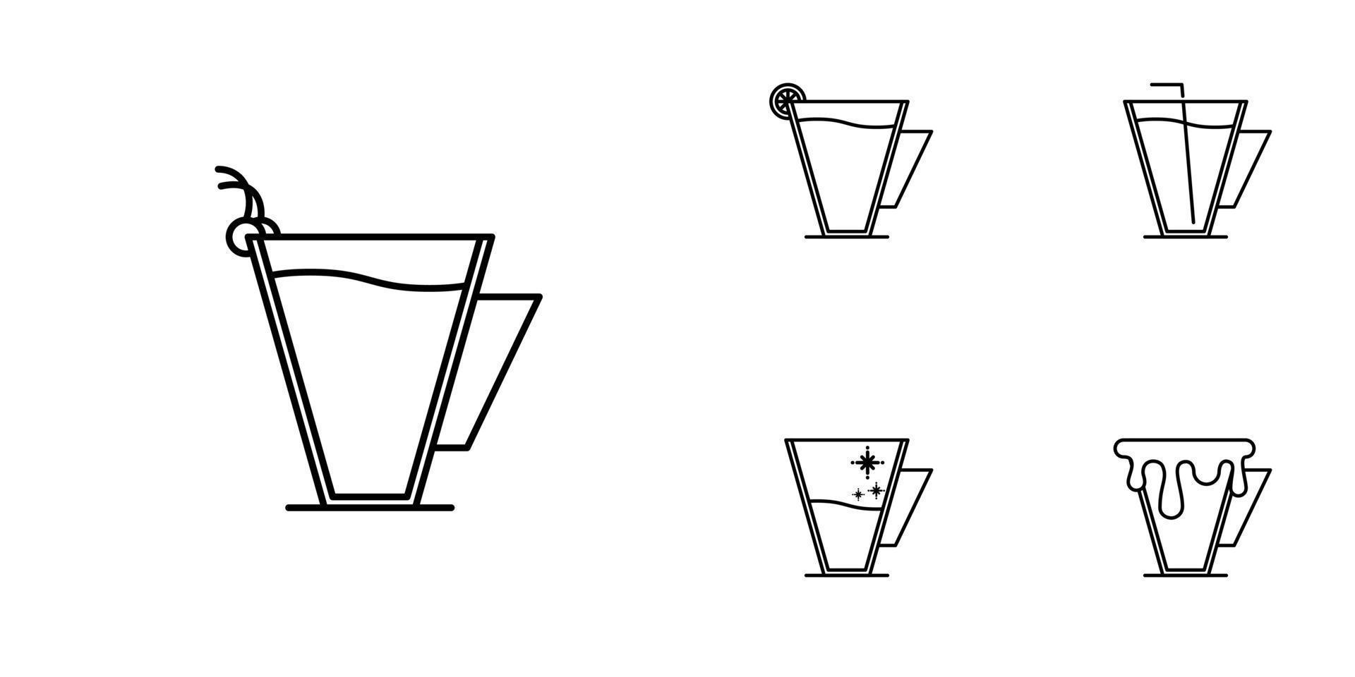 five sets of coffee cup line icons. with a straw, lemon, cherry and cold water. simple, line, silhouette and clean style. black and white. suitable for symbols, signs, icons or logos vector