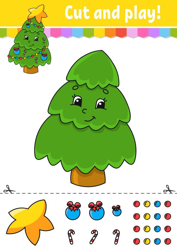 Fir tree. Cut and glue. Color activity worksheet for kids. Game for children. Cartoon character. Vector illustration.