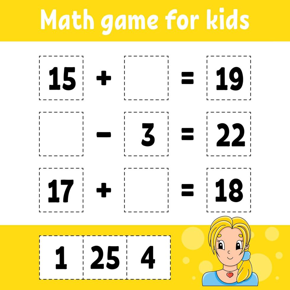 Math game for kids. Education developing worksheet. Activity page with pictures. Game for children. Color isolated vector illustration. Funny character. Cartoon style.