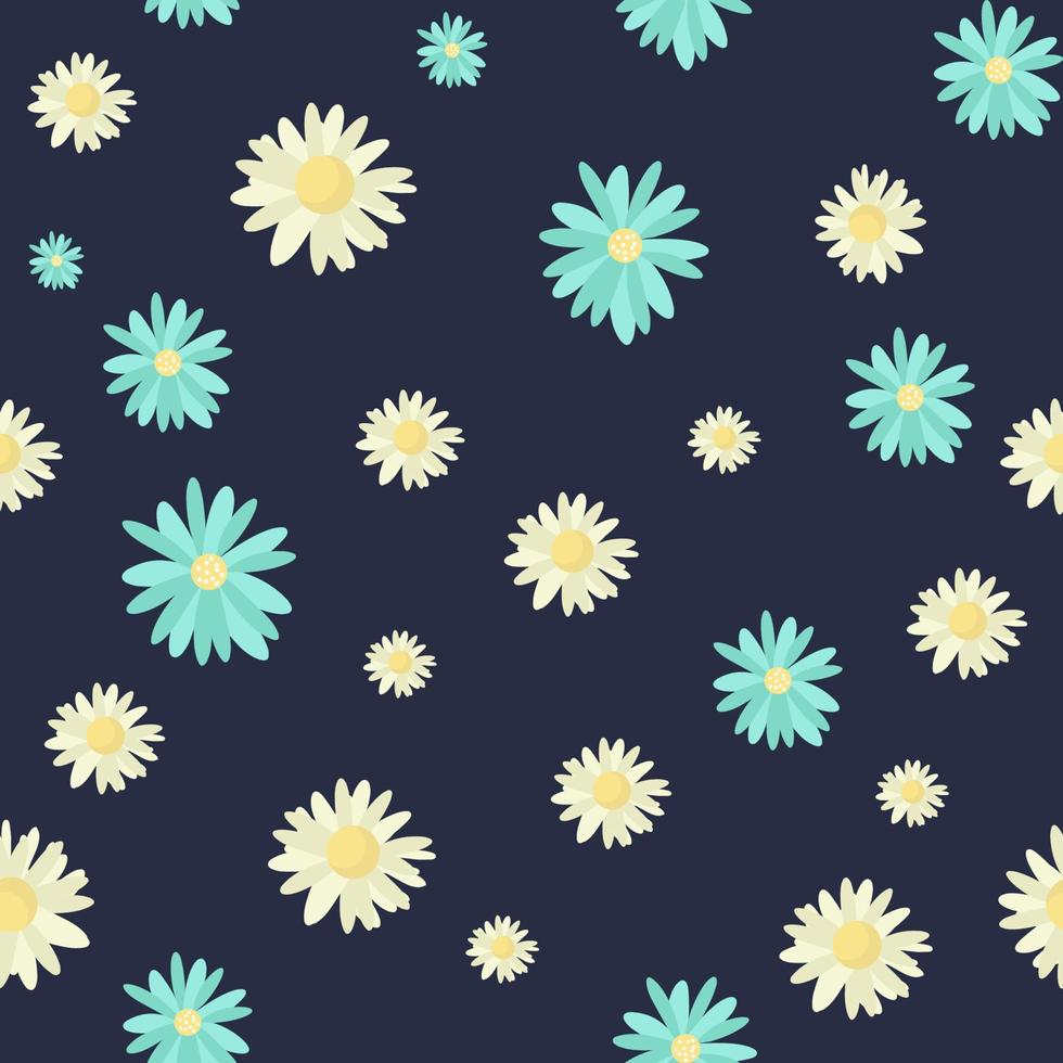 Daisy seamless pattern on dark blue background. Floral ditsy print with small white flowers. Chamomile design great for fashion fabric, trend textile and wallpaper. Vector